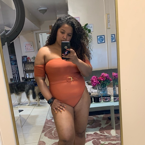 0182Burnt Orange Off-The Shoulder Belted One-Piece - Picture 3 of 5